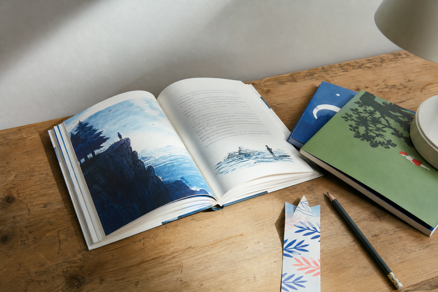 Livre illustré ouvert et romans posés sur une table en bois