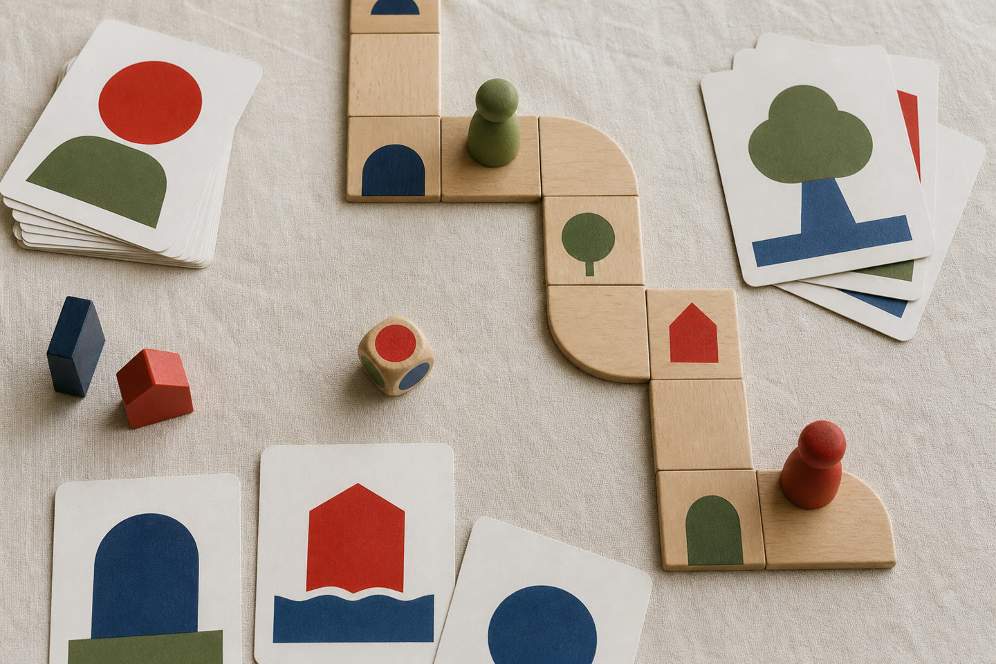 Jeu de société en bois et cartes illustrées disposées sur une table claire