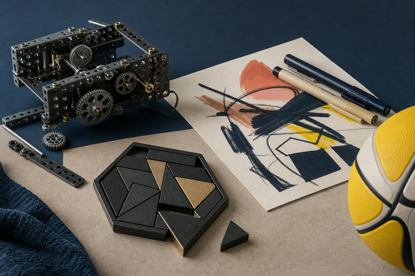Construction mécanique, dessin, casse-tête et ballon disposés sur une table bleu nuit