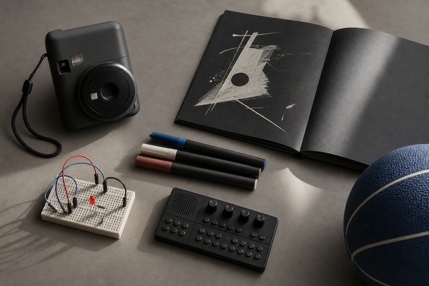 Appareil photo, carnet de dessin, circuit électronique et instrument sonore disposés sur une table