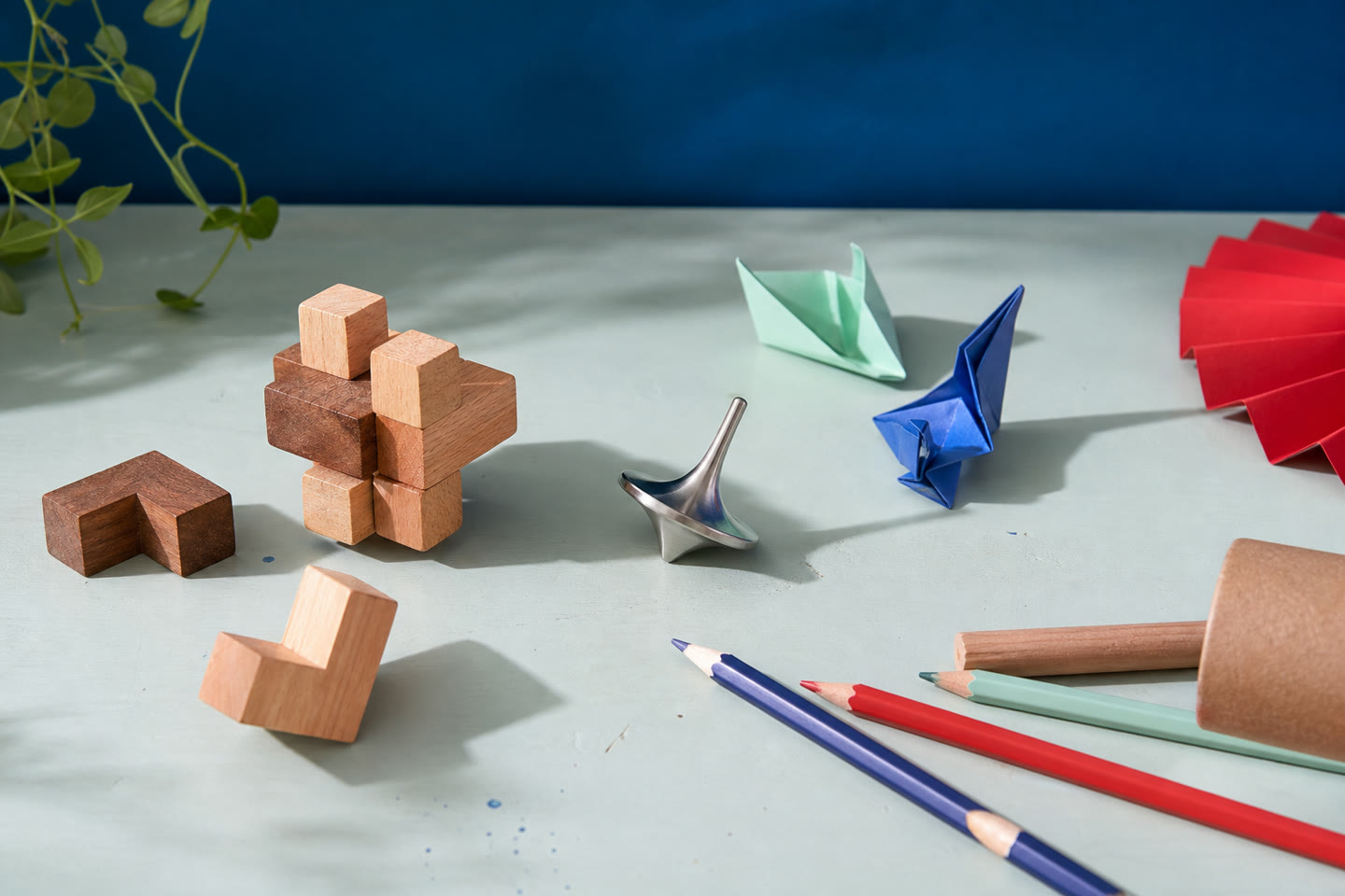 Jeux de logique, pliages et crayons disposés sur une table